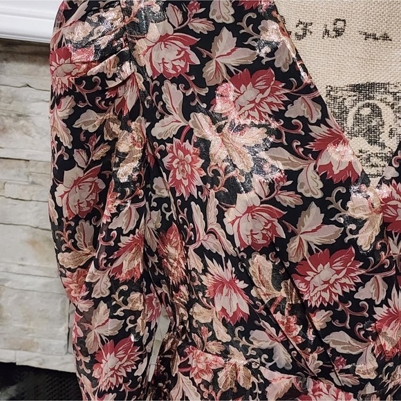 EXPRESS Floral Metallic Gold Puff Sleeve Shoulder Sheath Wrap Dress Size large - Picture 6 of 15